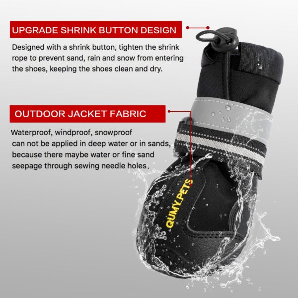 PIUPIUDOG Dog Boots Waterproof Shoes for Large Dogs with Reflective Straps Rugged Anti-Slip Sole Black 4PCS Set 