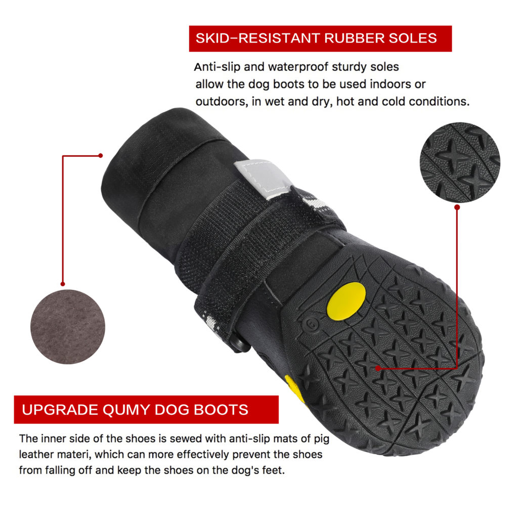 QUMY Dog Boots Waterproof Shoes for Large Dogs with Reflective Velcro